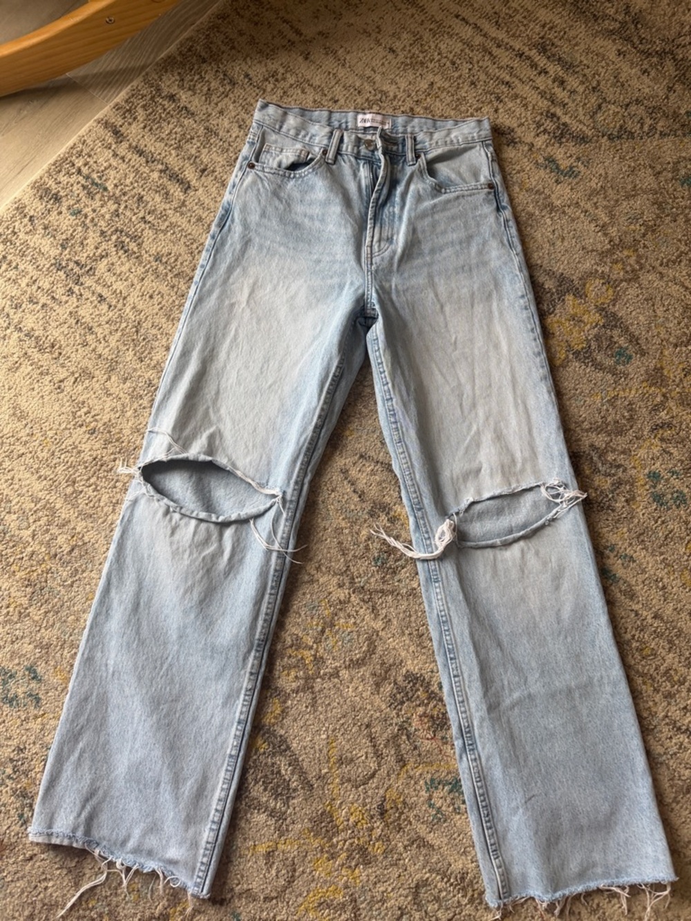 Zara Light Blue Distressed Wide-Leg Jeans